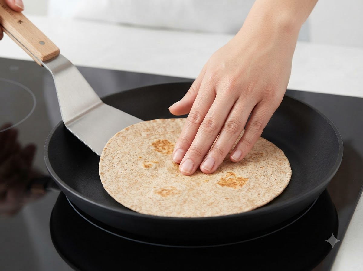 A hand pressing down on a whole wheat tortilla warming in a flat black pan with a spatula.