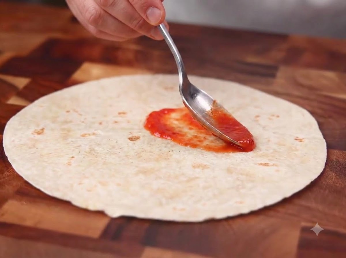 A spoonful of Mexican chili sauce being spread evenly onto a flat whole wheat tortilla on a wooden cutting board.