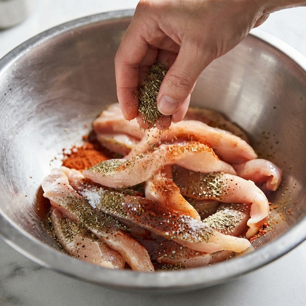 A hand tossing seasoned chicken breast strips with spices in a stainless steel bowl.