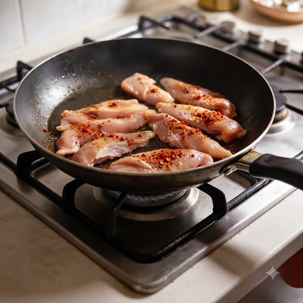 Seasoned chicken strips frying in a hot skillet on a stovetop.