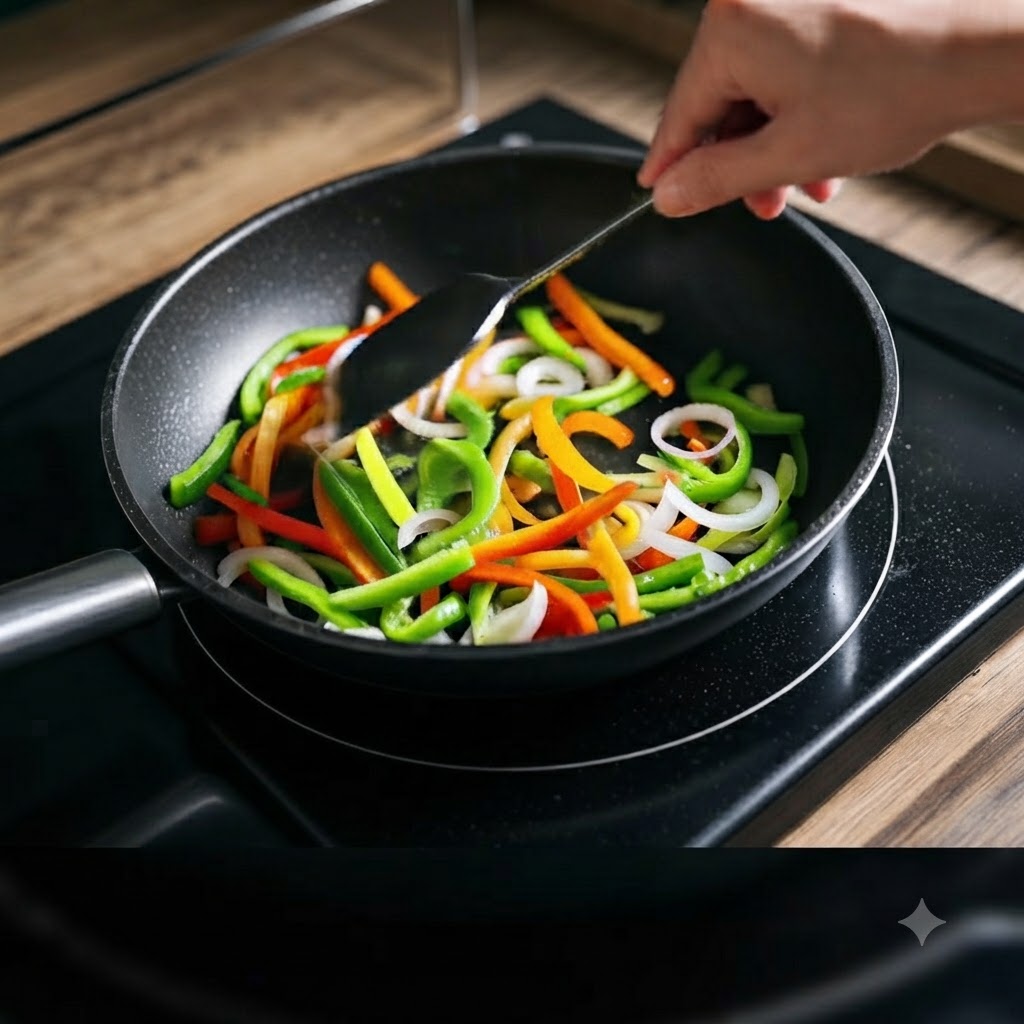 Bell pepper slices and onions being sautéed in a frying pan with a spatula.