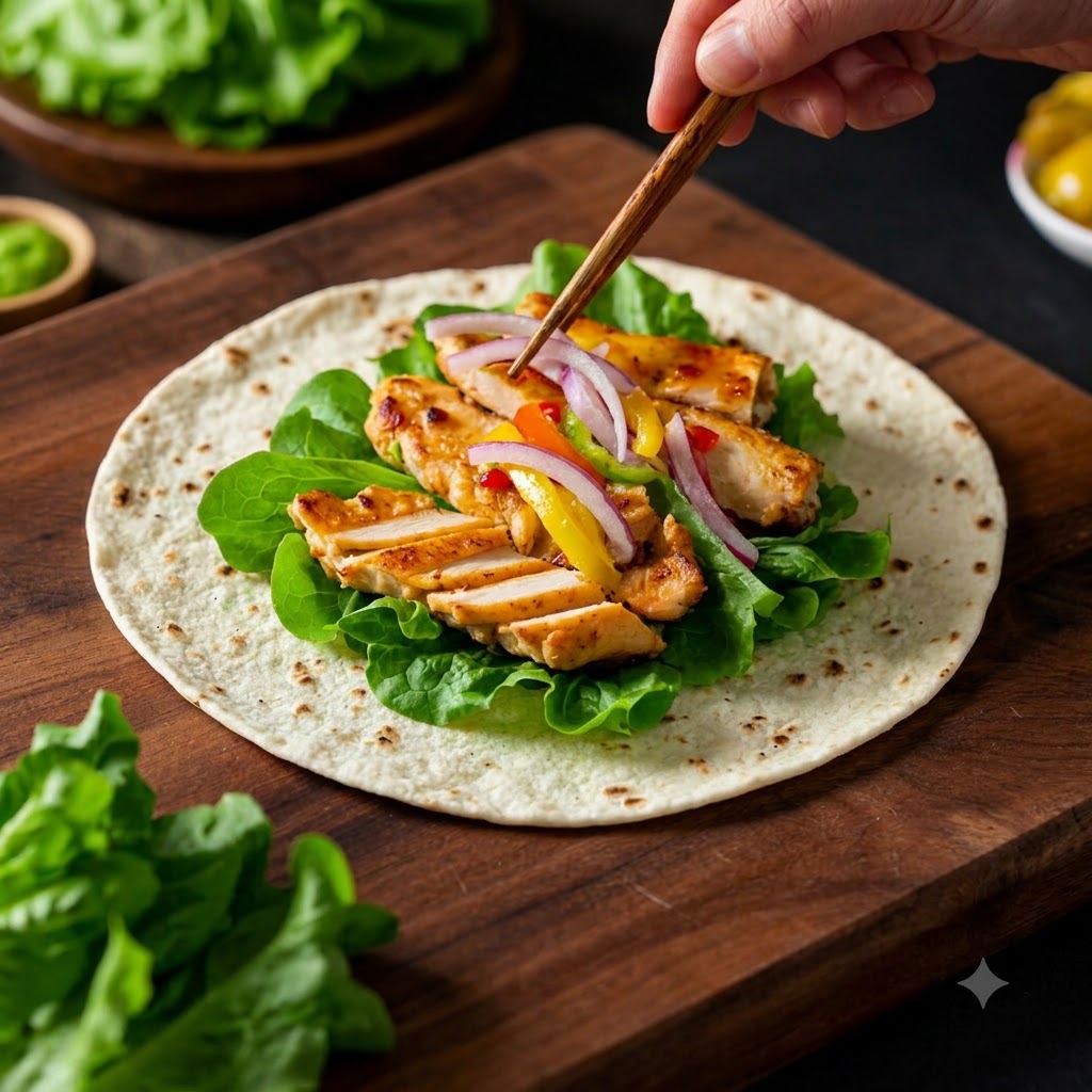 Layering lettuce, cooked chicken, and stir-fried vegetables onto a flour tortilla on a wooden board.