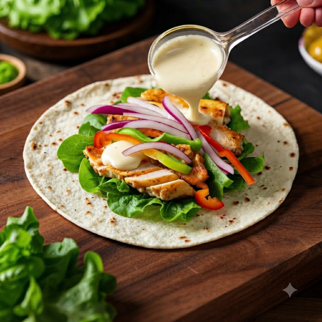 Pouring salad dressing from a spoon onto the chicken and vegetable filling on a tortilla.