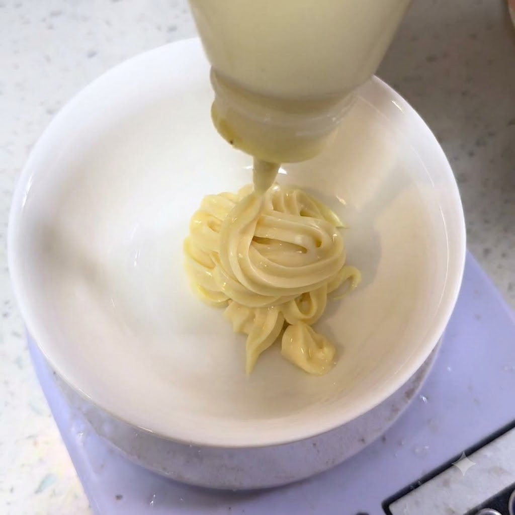 Mayonnaise being squeezed from a bottle into a white bowl on a digital scale to mix the sauce.