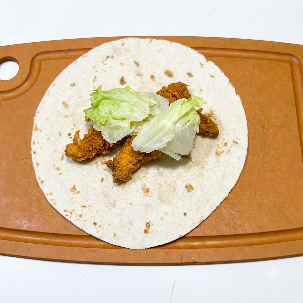 A tortilla on a cutting board loaded with cooked chicken strips and freshly shredded green lettuce leaves.