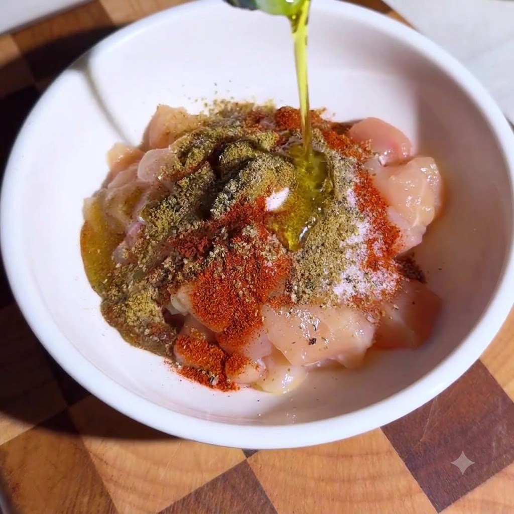 A bowl filled with cubed chicken pieces generously seasoned with mixed spices and olive oil.