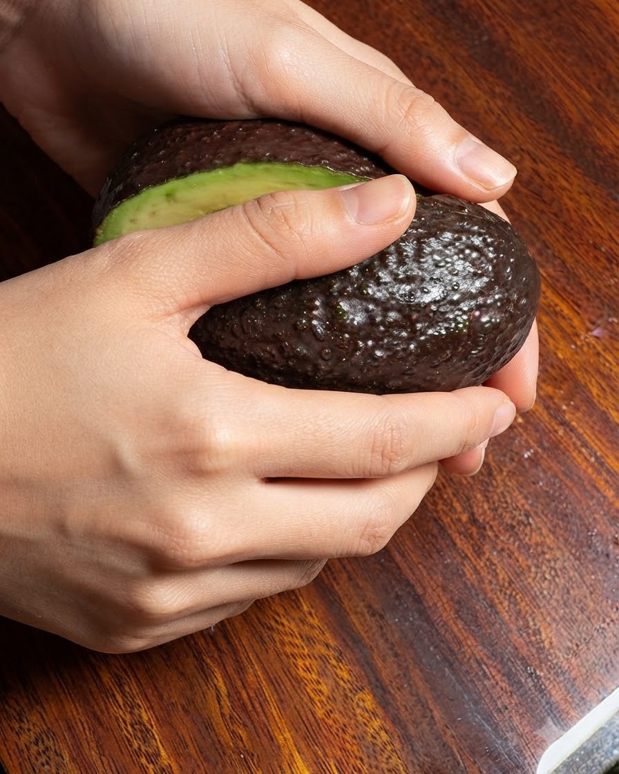 Hands holding a ripe avocado that has been cut in half on a wooden cutting board.