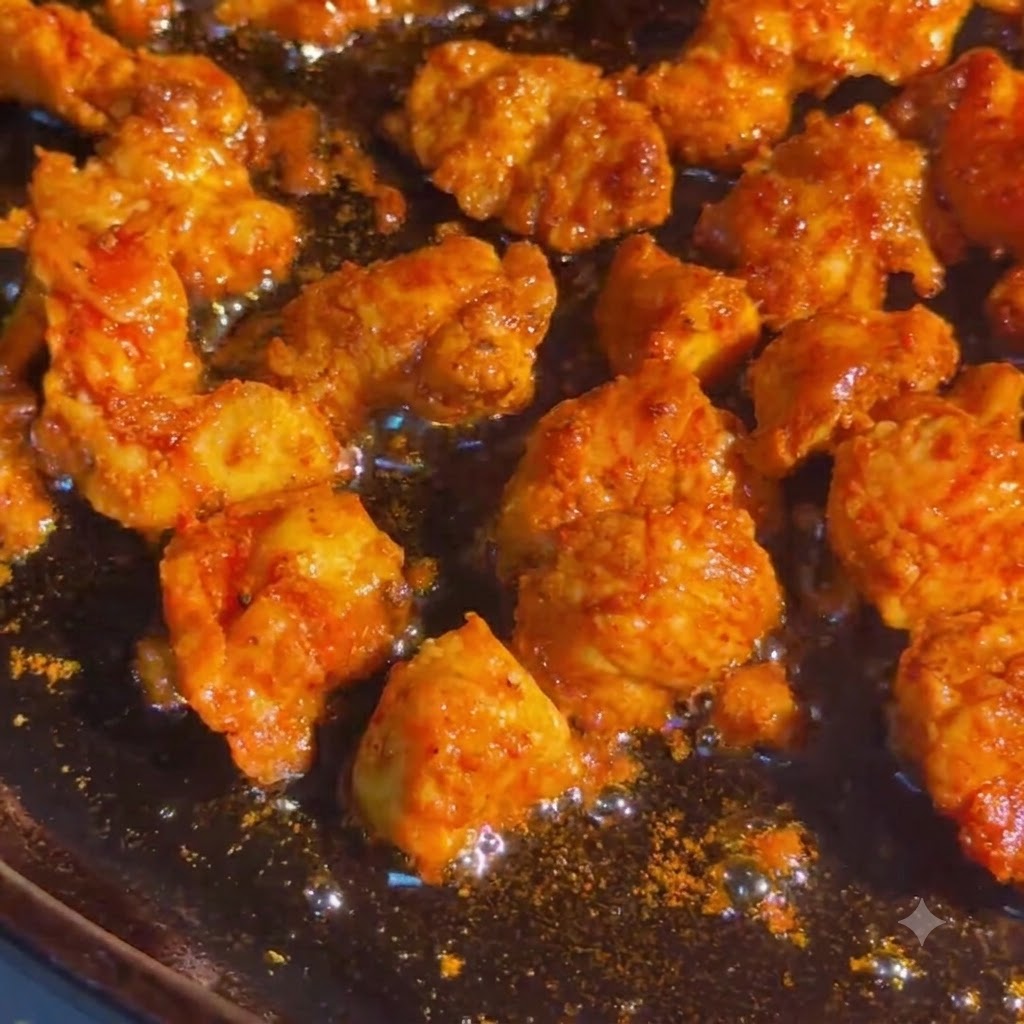 Seasoned chicken pieces sizzling and cooking in a hot pan.