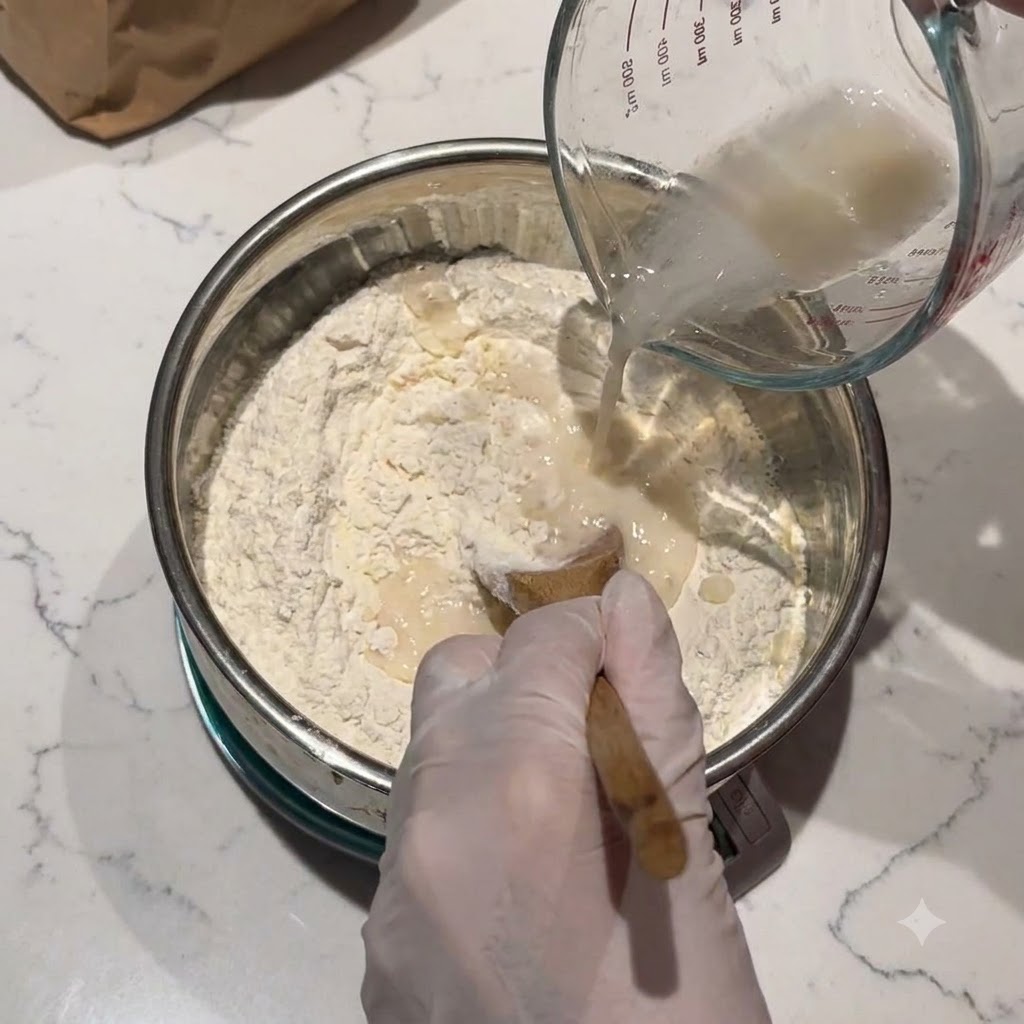 Water and oil being poured into a metal bowl of flour and other dry ingredients on a scale.