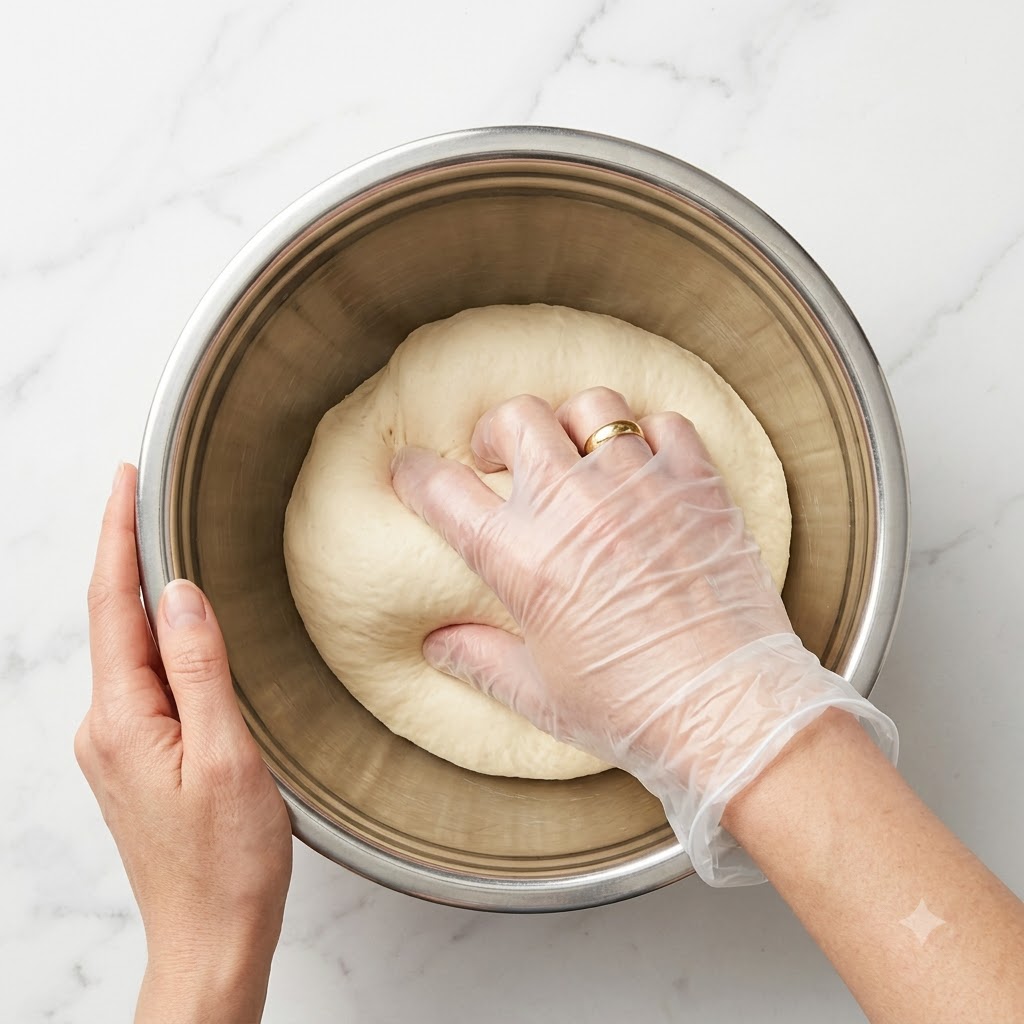 A gloved hand kneading dough inside a stainless steel mixing bowl.