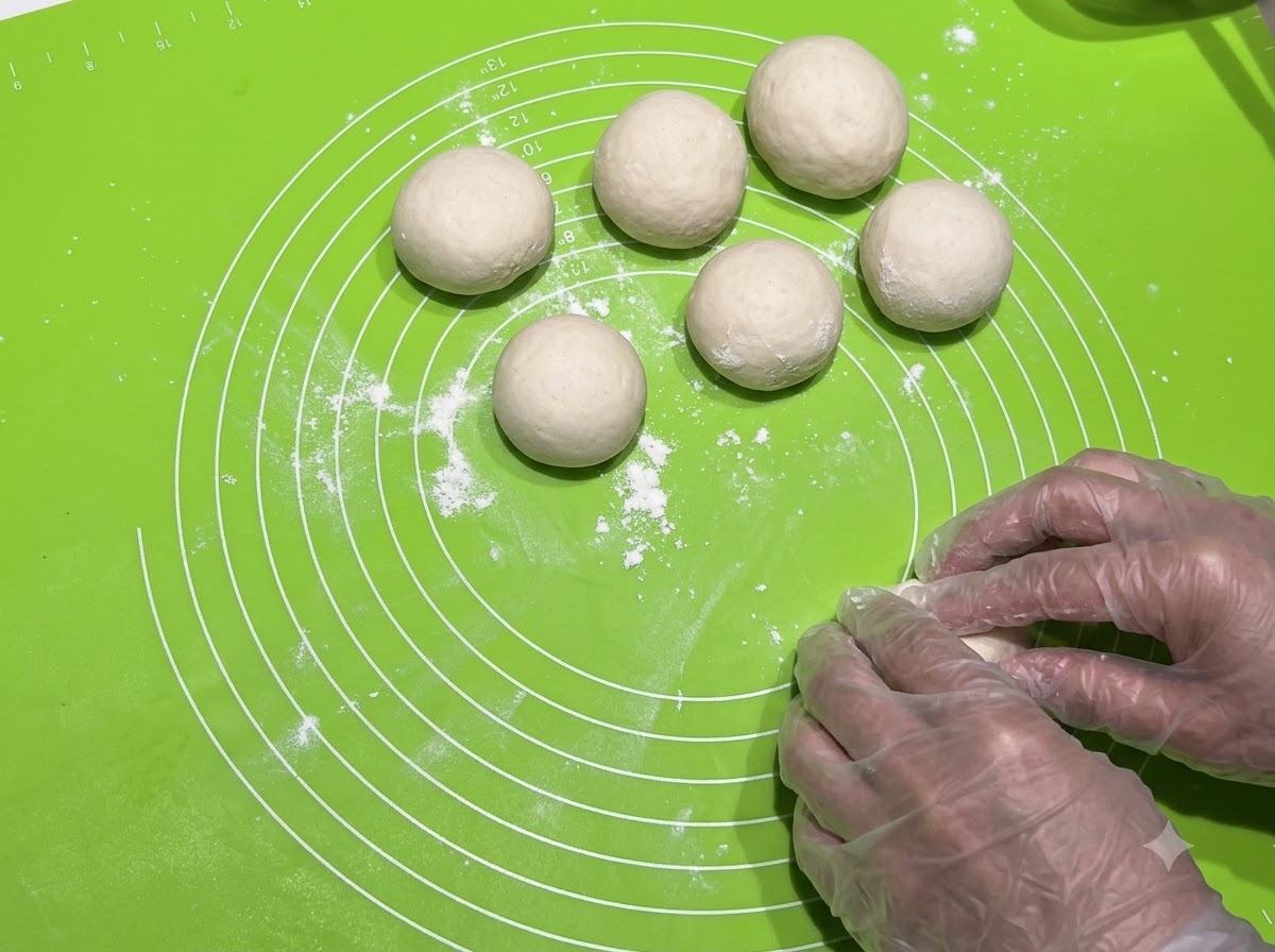 Small rounded dough balls arranged on a green silicone mat next to a resting hand.