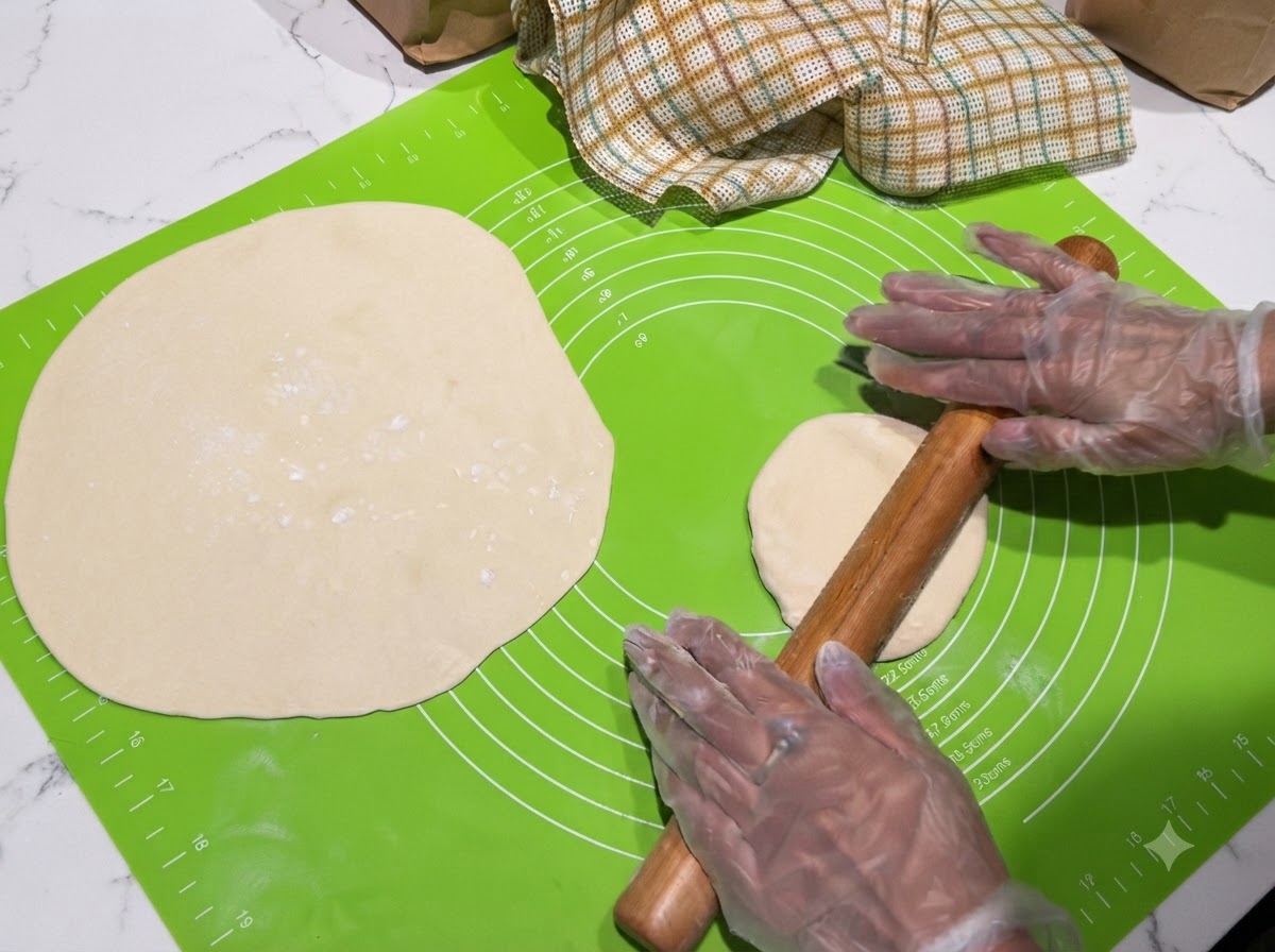 A wooden rolling pin flattening a dough portion on a green silicone mat next to a rolled-out wrapper.
