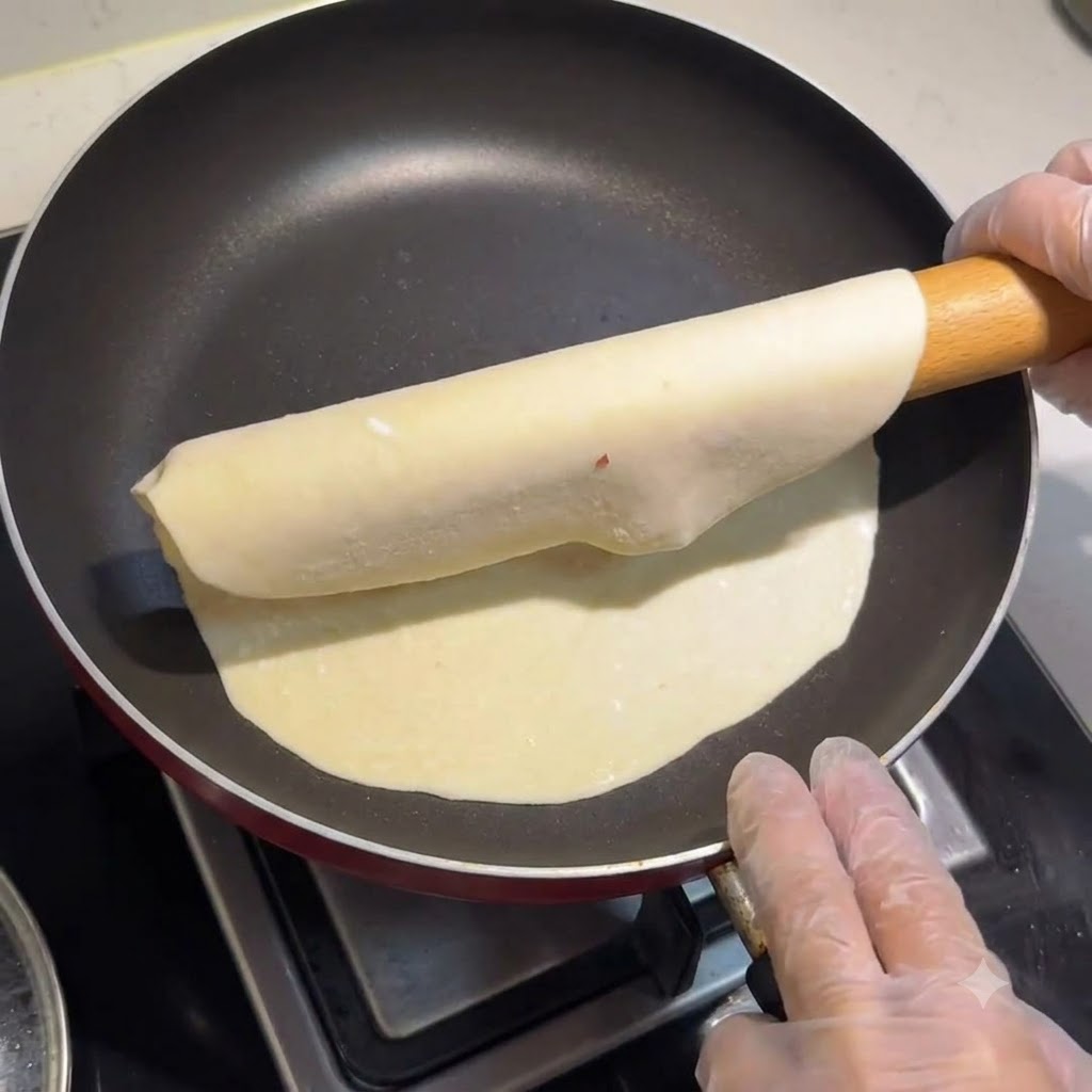 A rolled dough wrapper being transferred into a dry frying pan using a rolling pin and gloved hands.