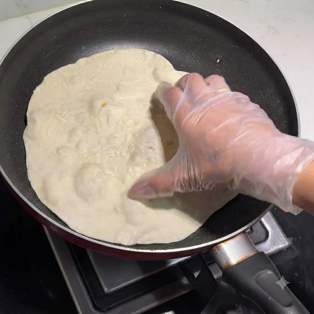 A gloved hand pressing down on a puffing flatbread cooking in a dry frying pan.