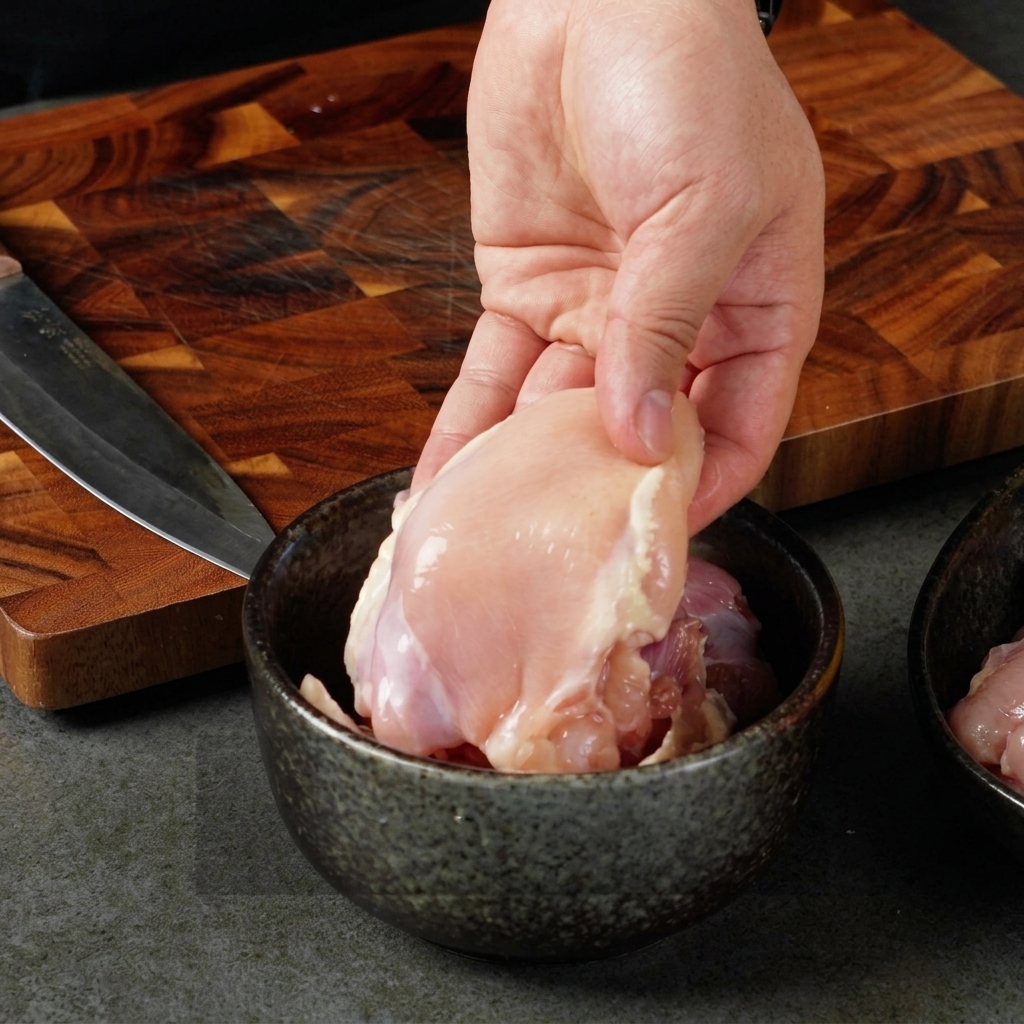 A close-up of a hand holding a skinless chicken thigh over a bowl, with a cutting board and knife in the background.