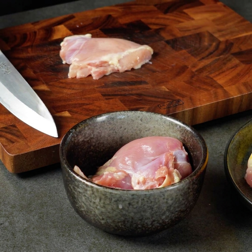 A knife slicing a piece of raw chicken thigh on a wooden cutting board next to a bowl of chicken pieces.