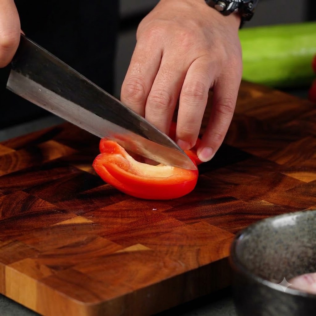A knife slicing through a red bell pepper on a wooden cutting board.