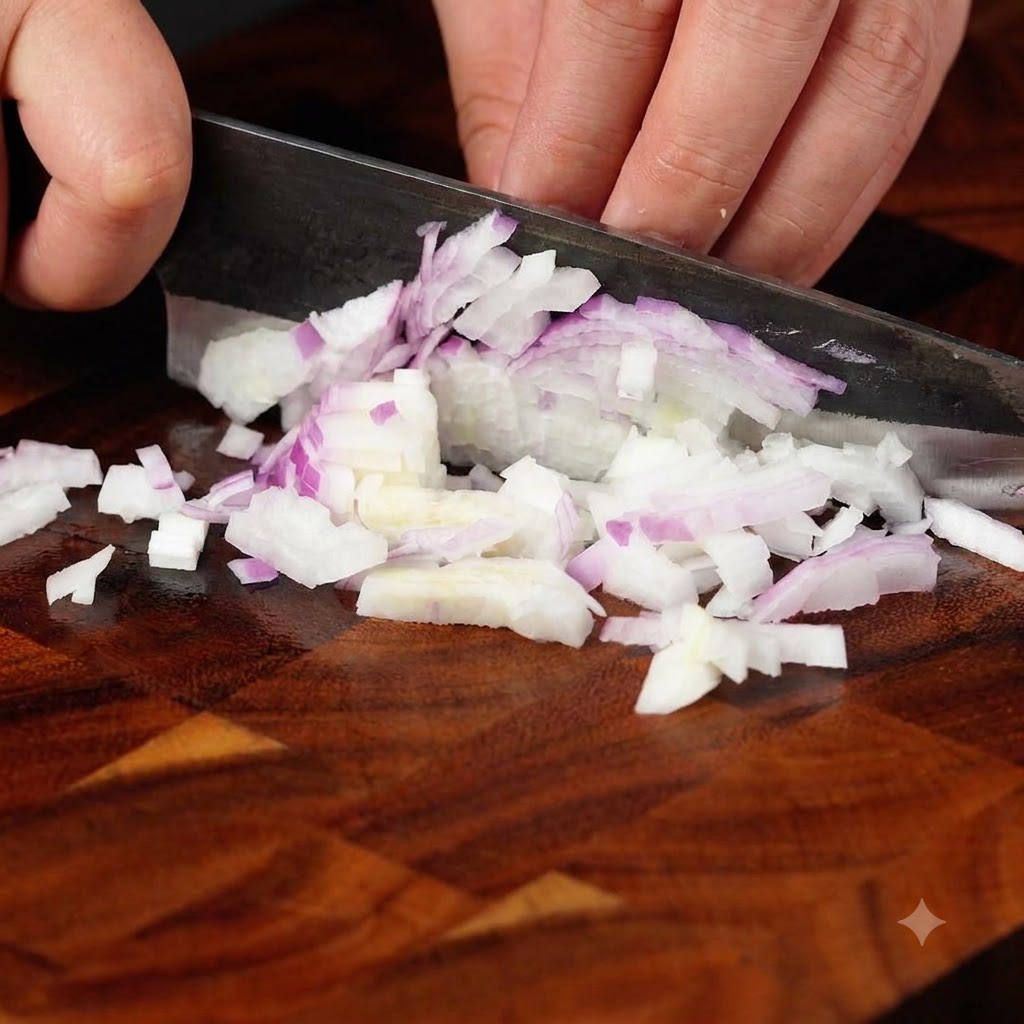 A knife dicing red onion on a wooden cutting board into small pieces.