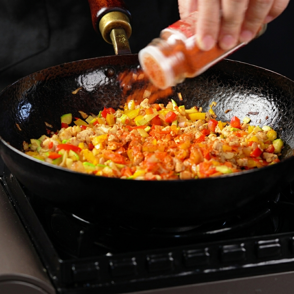 Smoked chili powder being poured from a jar directly onto the cooking chicken and vegetables.
