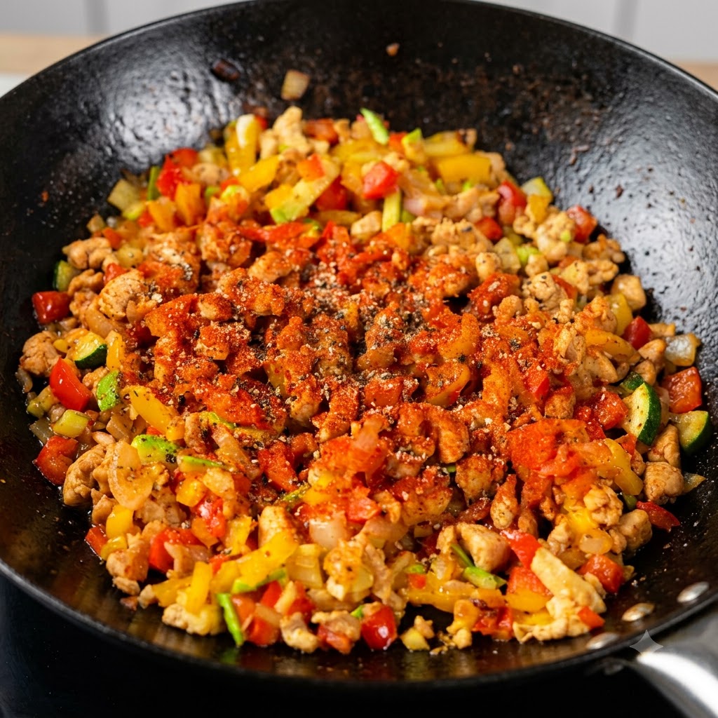 Sea salt and black pepper sprinkled over the seasoned chicken and vegetable stir-fry mix.