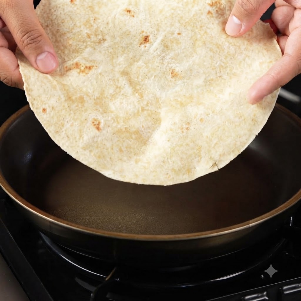 A whole wheat tortilla being held over and placed into a dry non-stick frying pan.