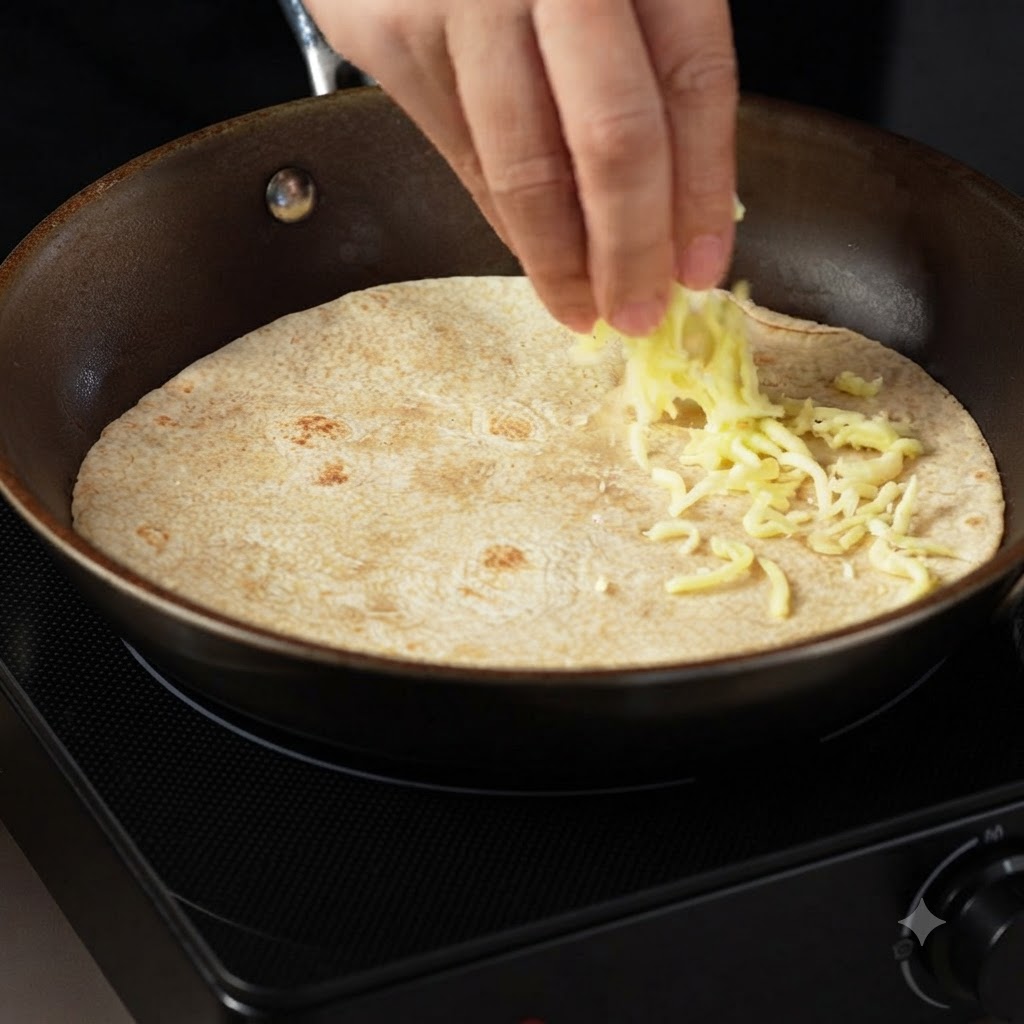 Shredded mozzarella cheese being scattered onto one side of the tortilla in a skillet.