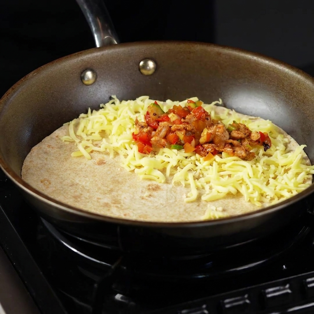 Cooked chicken and vegetable filling being spooned over the layer of shredded cheese on the tortilla.
