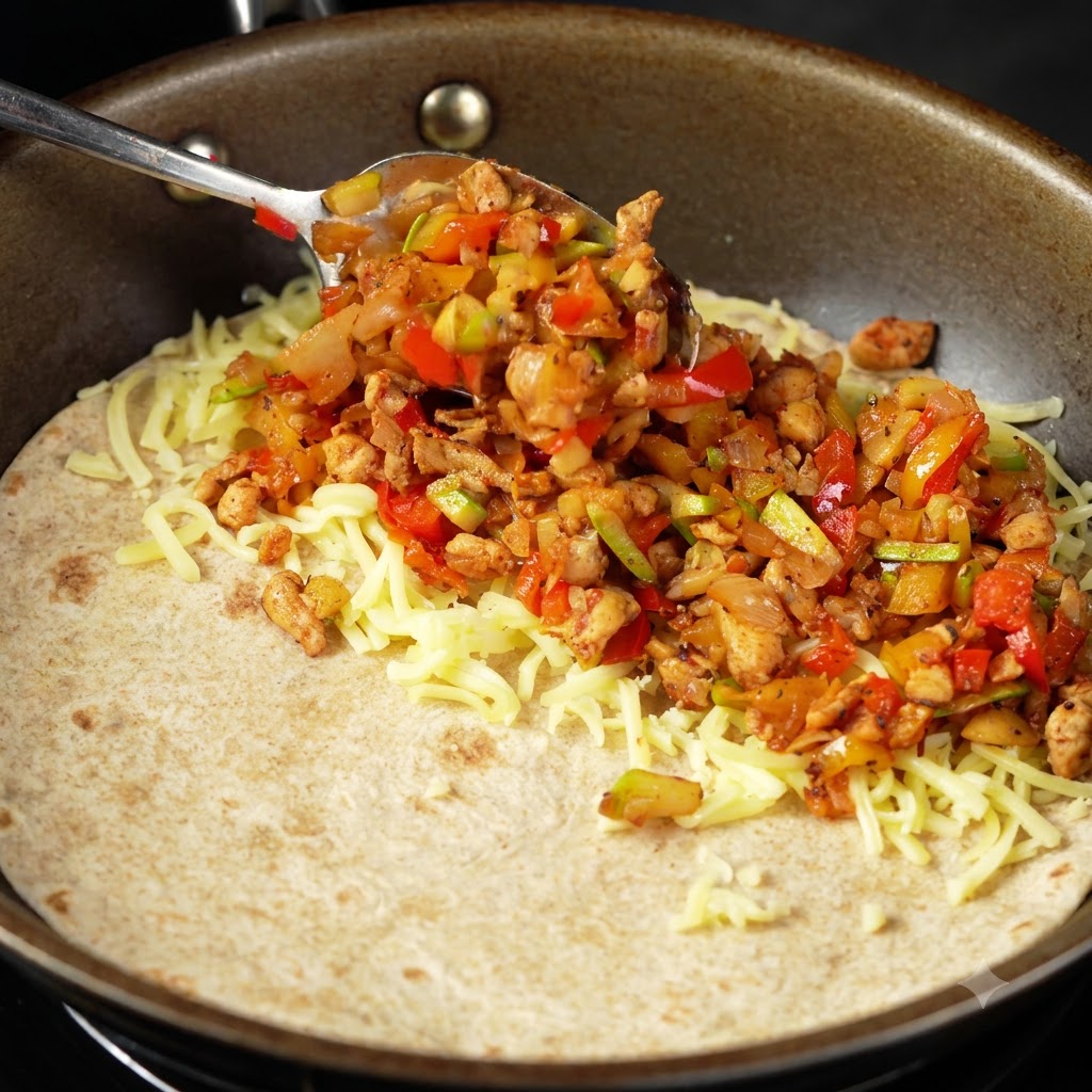 Shredded mozzarella cheese being generously sprinkled over the cooked chicken and vegetable filling in a pan.