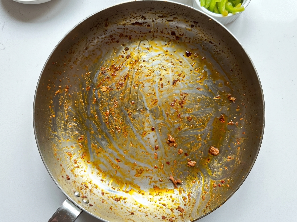 Empty skillet showing browned fond and liquid seasoning spread across the bottom.