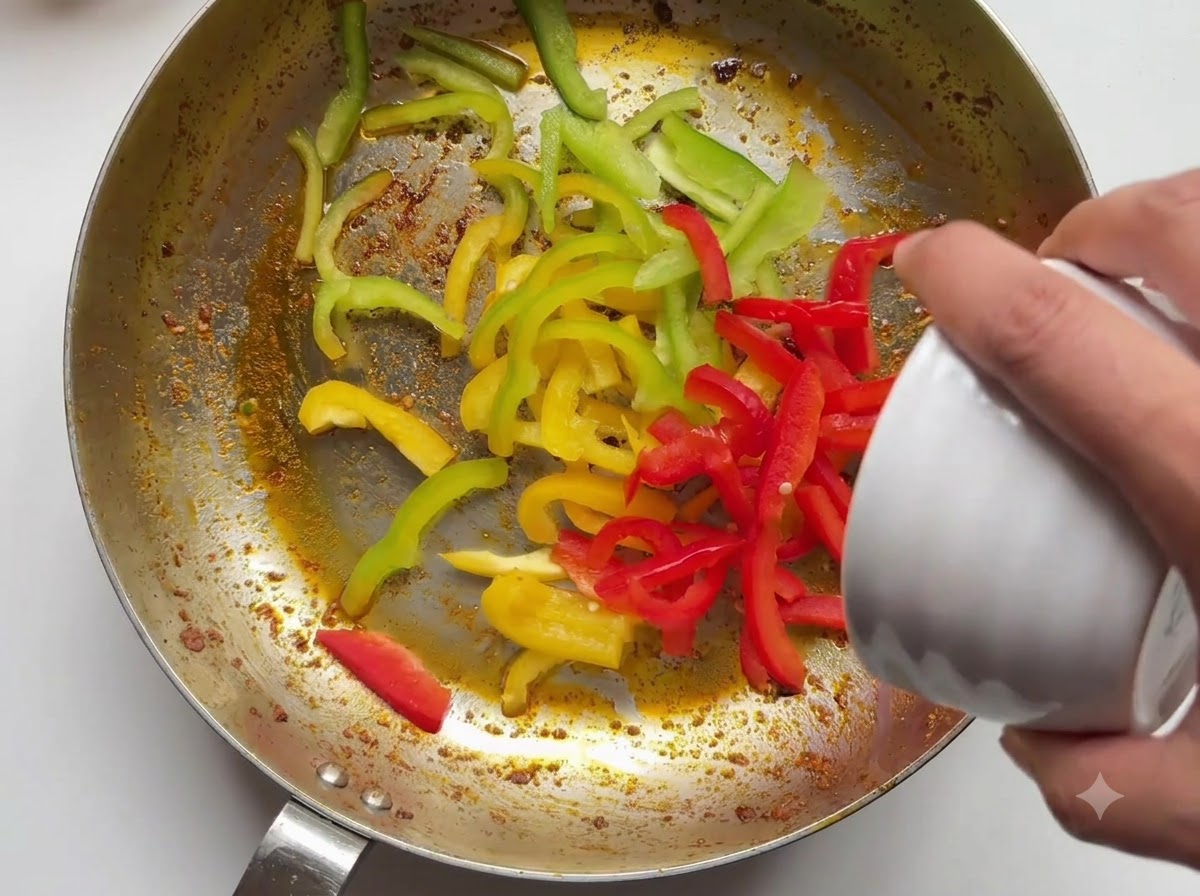 Red and green bell pepper strips along with red onions being poured into the skillet from a small bowl.