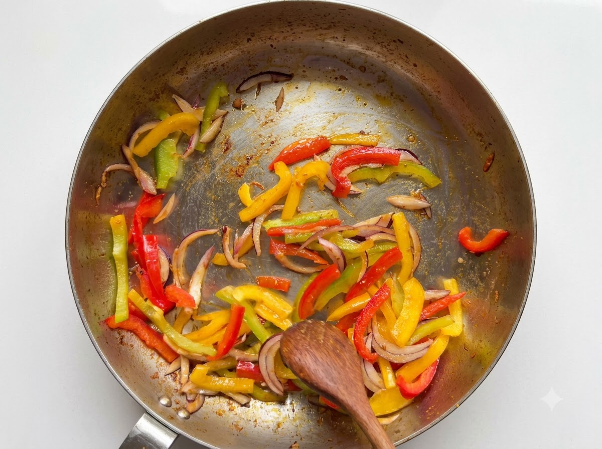 Pats of butter melting in a skillet containing leftover stir-fried vegetables and seasoned pan drippings.