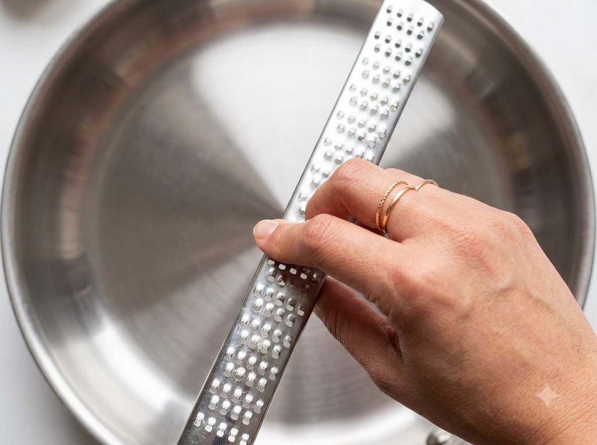 A metal grater held over a stainless steel pan during the preparation of garlic.