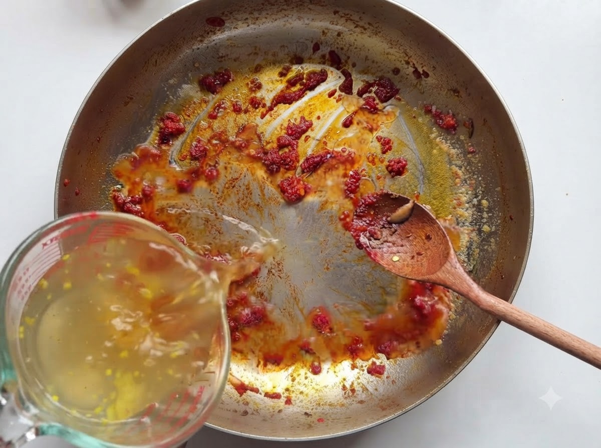 Chicken broth being poured from a measuring cup into a pan with tomato paste and spices while being stirred with a wooden spoon.