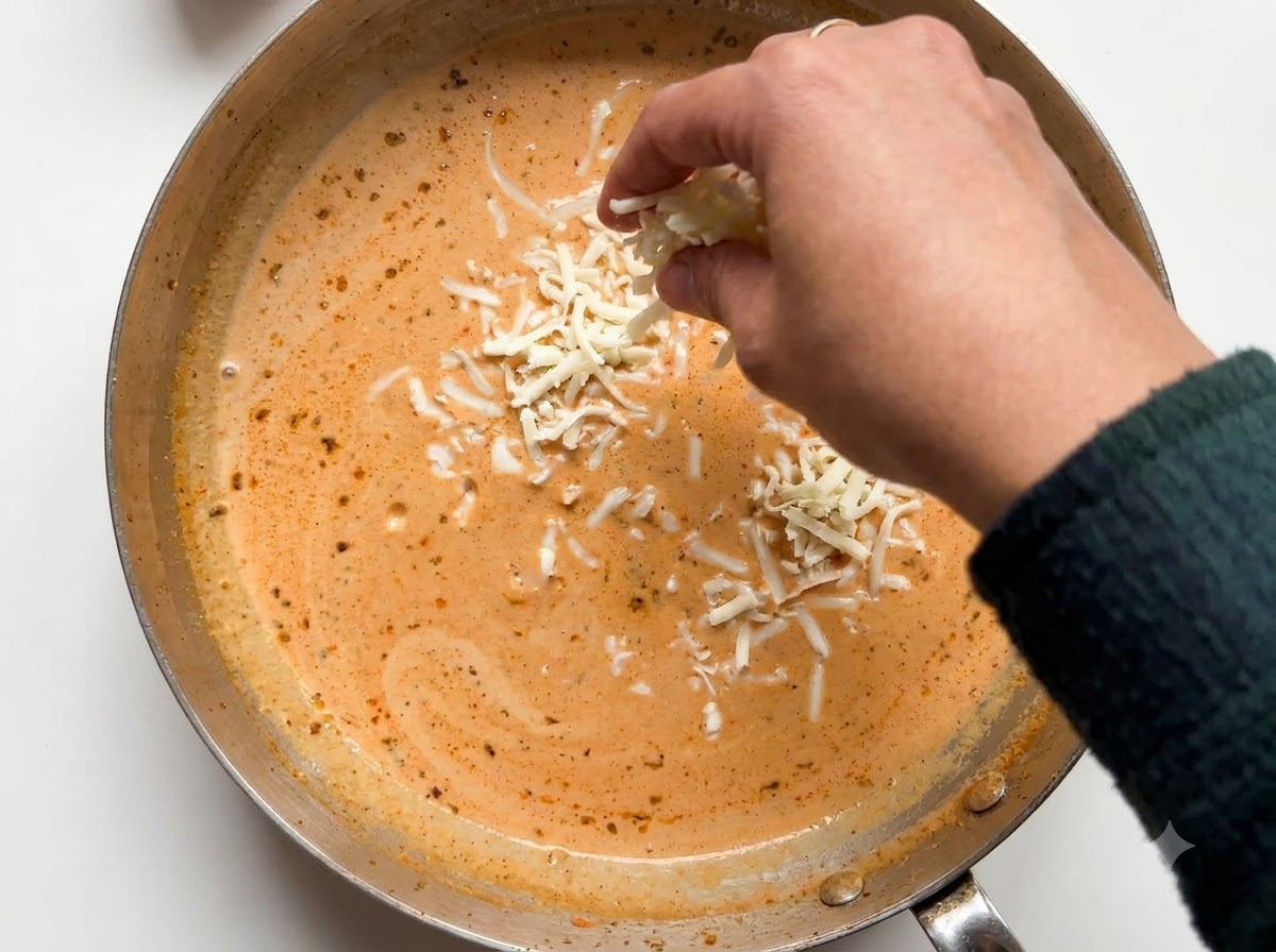 A creamy orange sauce simmering in a metal pan with fine bubbling across the surface.