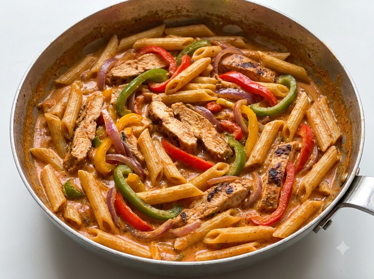 Cooked penne pasta mixed with sautéed bell peppers, onions, and sliced chicken in a creamy sauce inside a skillet.
