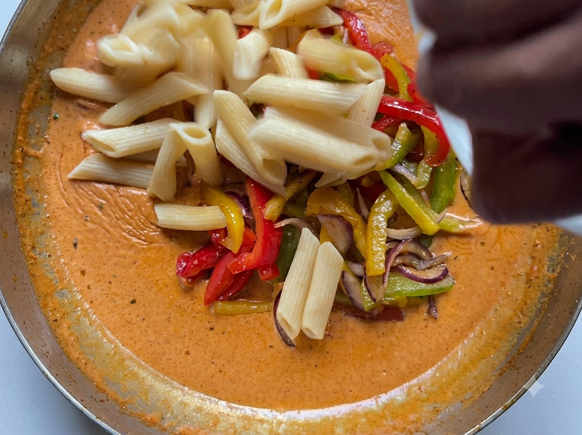 Cooked penne pasta being poured from a container into a pan filled with creamy orange sauce and sliced vegetables.
