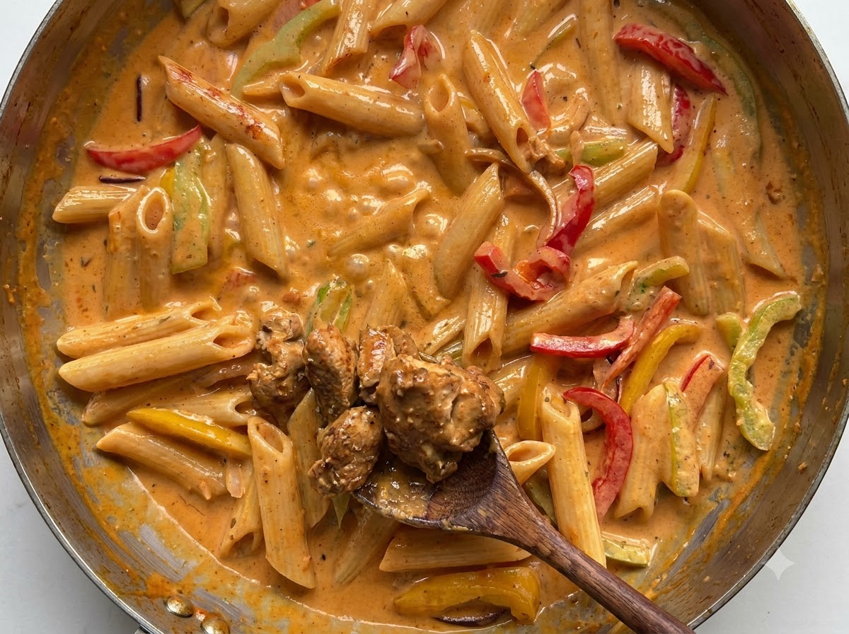 Cooked chicken pieces being scooped on a wooden spoon and added back into a pan of creamy pasta and vegetables.