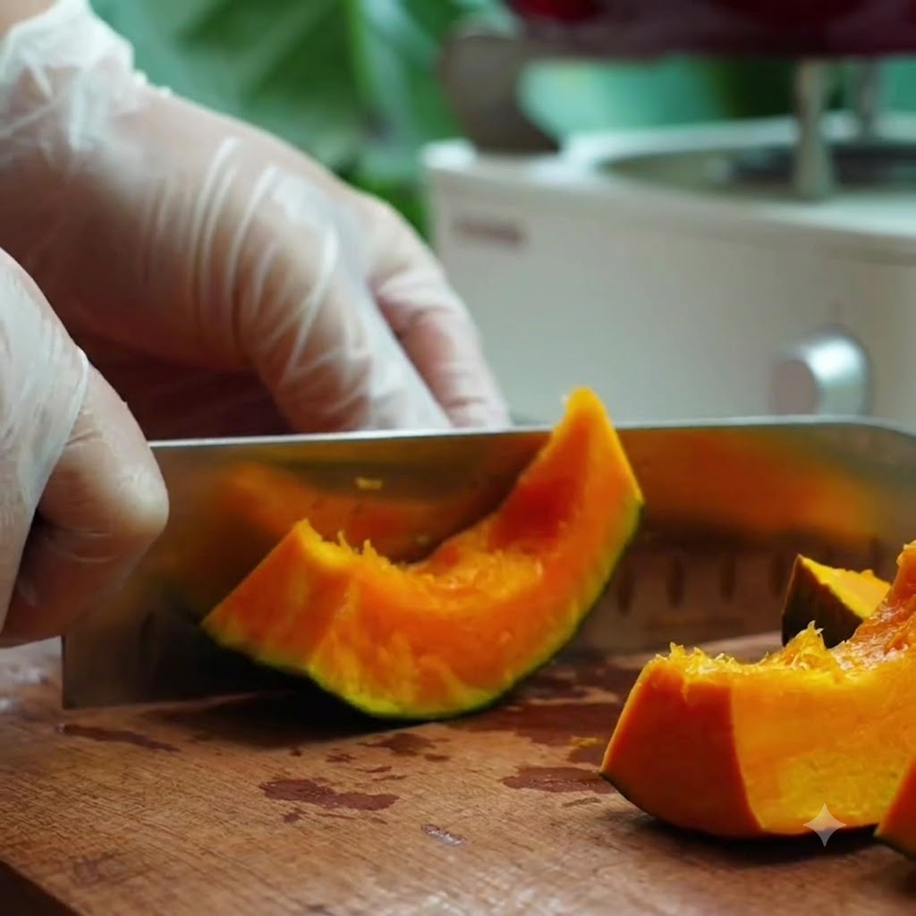 A knife slicing a piece of orange pumpkin on a wooden cutting board.