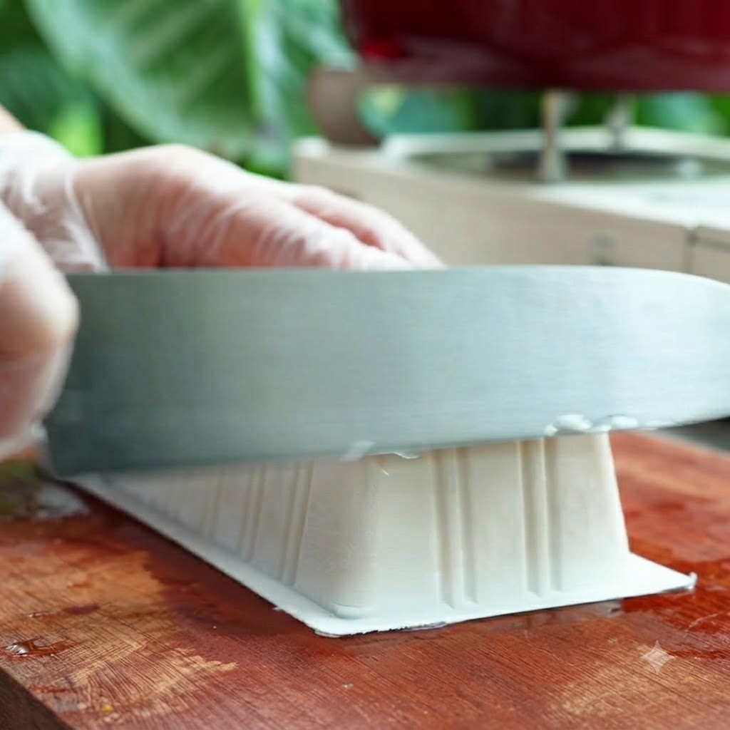 A sharp knife slicing through a block of white tofu on a wooden board.