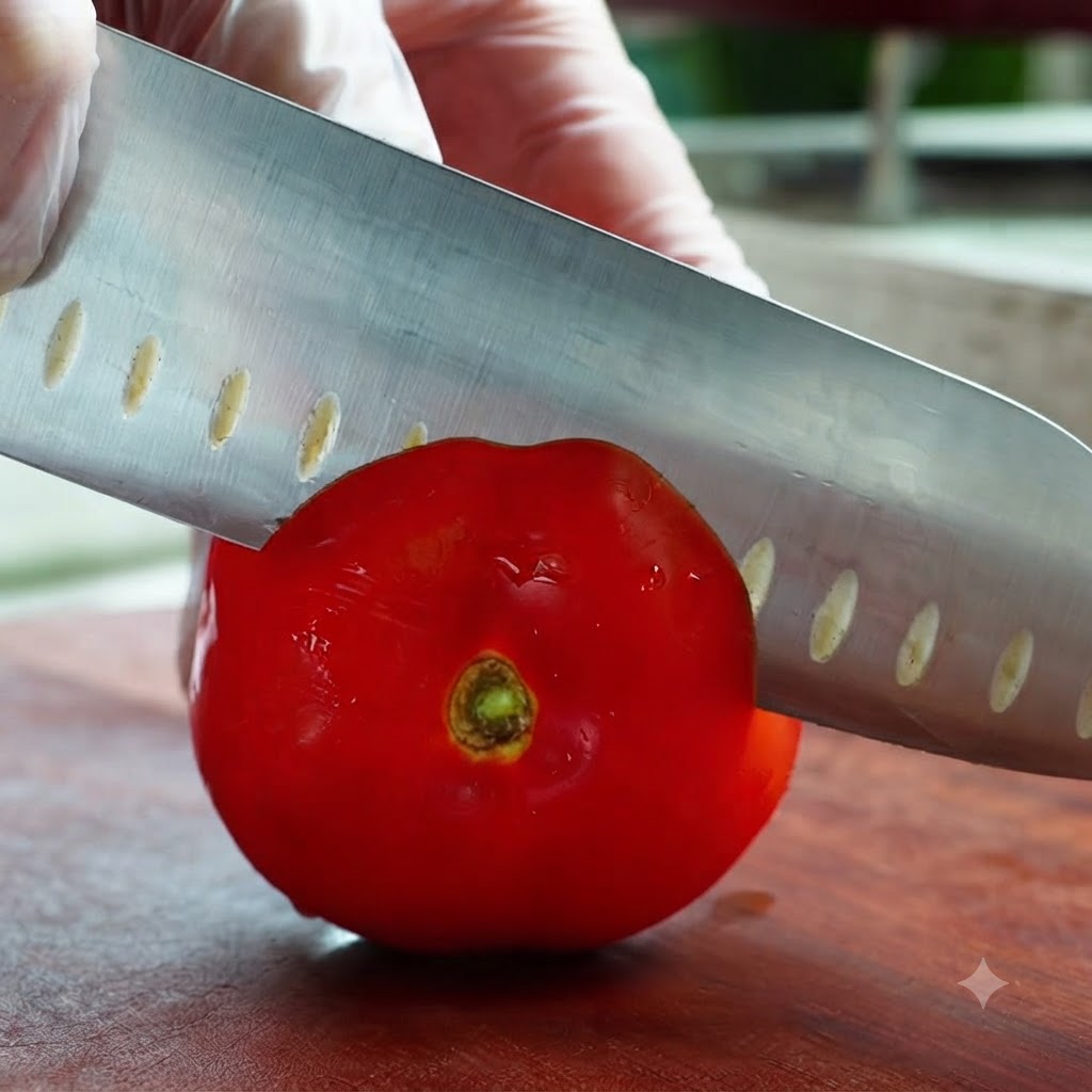 A sharp chefs knife cutting into a fresh red tomato on a wooden board.