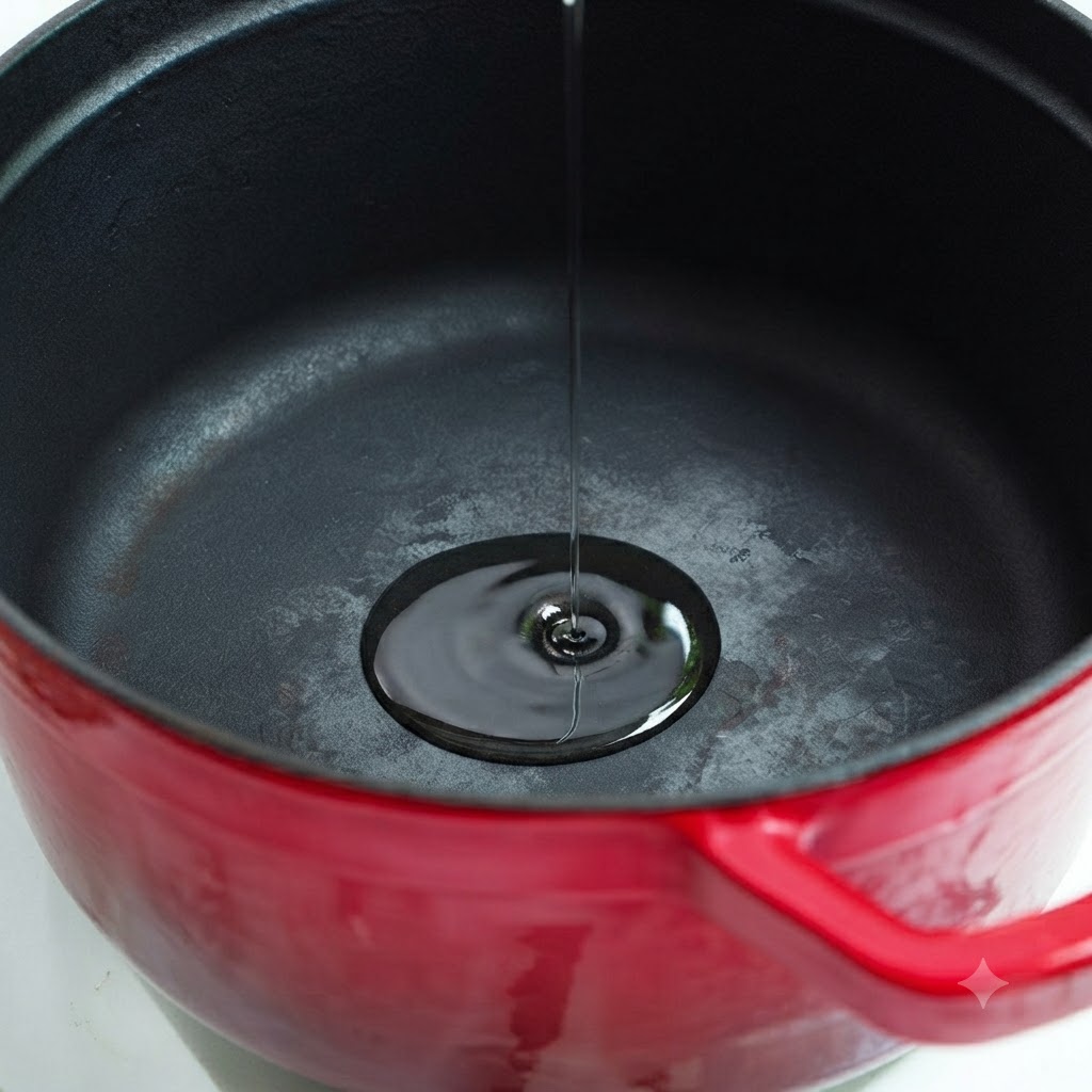 Oil and yellow squash pieces being added to a red pot on a stovetop.