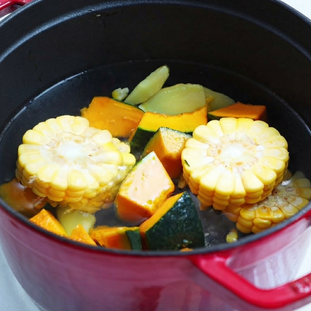 Water being poured into the red pot filled with pumpkin chunks and corn.