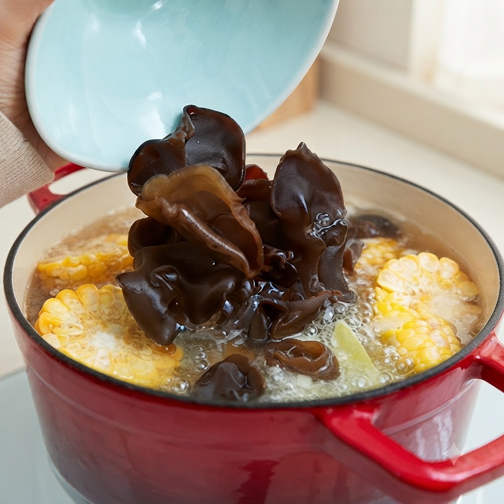 Black wood ear mushrooms being poured from a light blue bowl into a bubbling pot of vegetable broth.