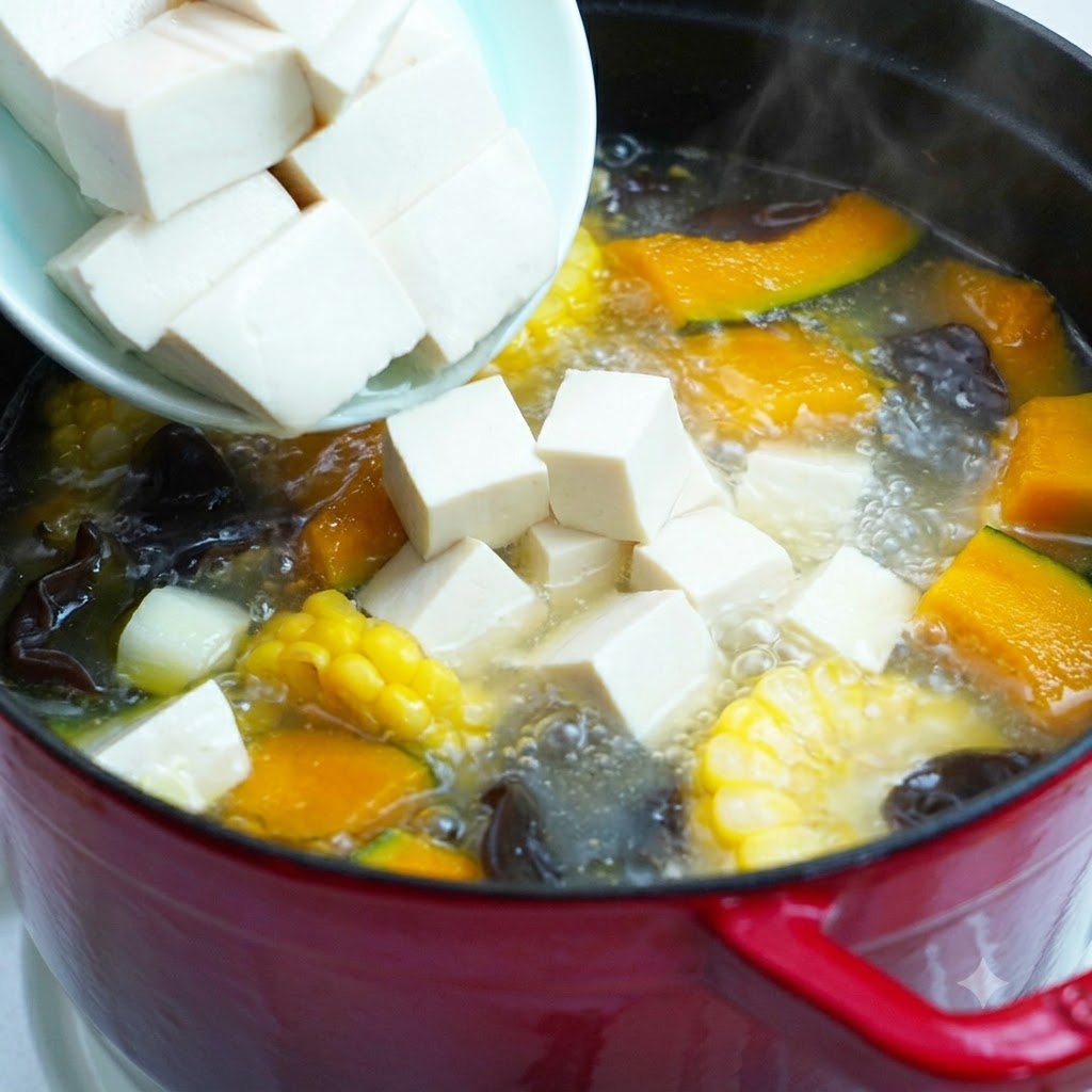 Sliced white tofu pieces being poured from a bowl into the simmering vegetable pot.