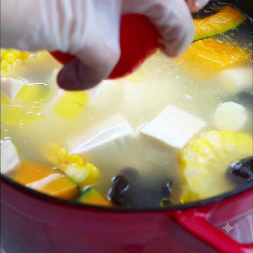 A whole red tomato being added into the center of a boiling vegetable soup pot.