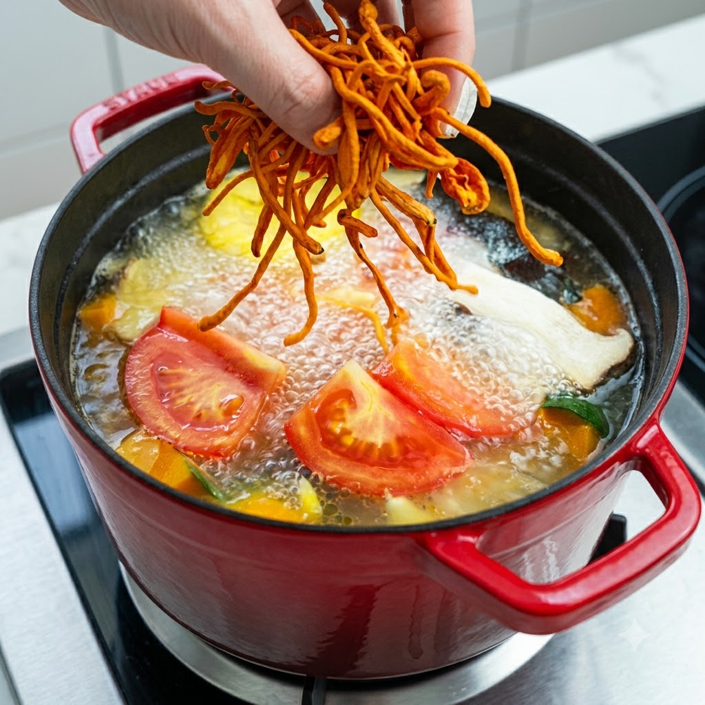 Bright orange cordyceps militaris mushrooms being dropped into the boiling vegetable soup.