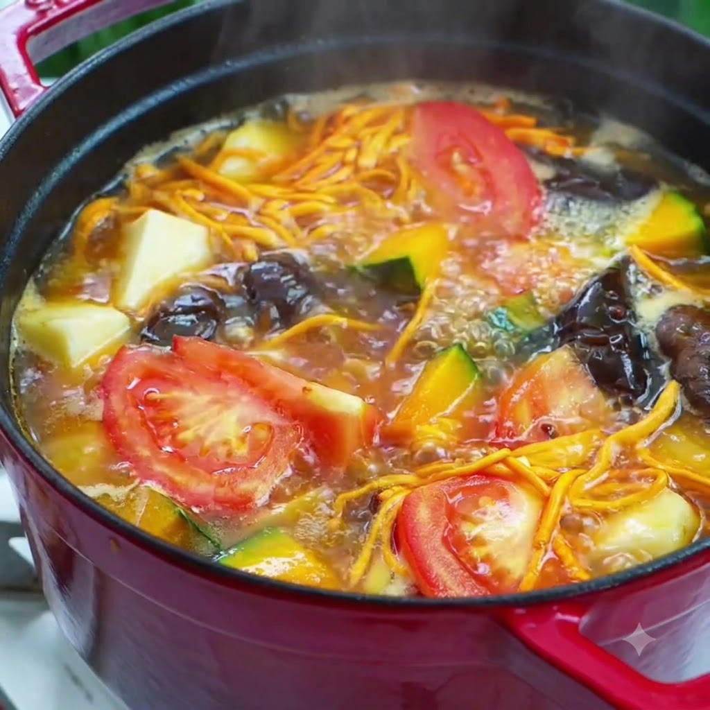 Close-up of seasoning being sprinkled into a vibrant boiling pot of vegetarian soup.