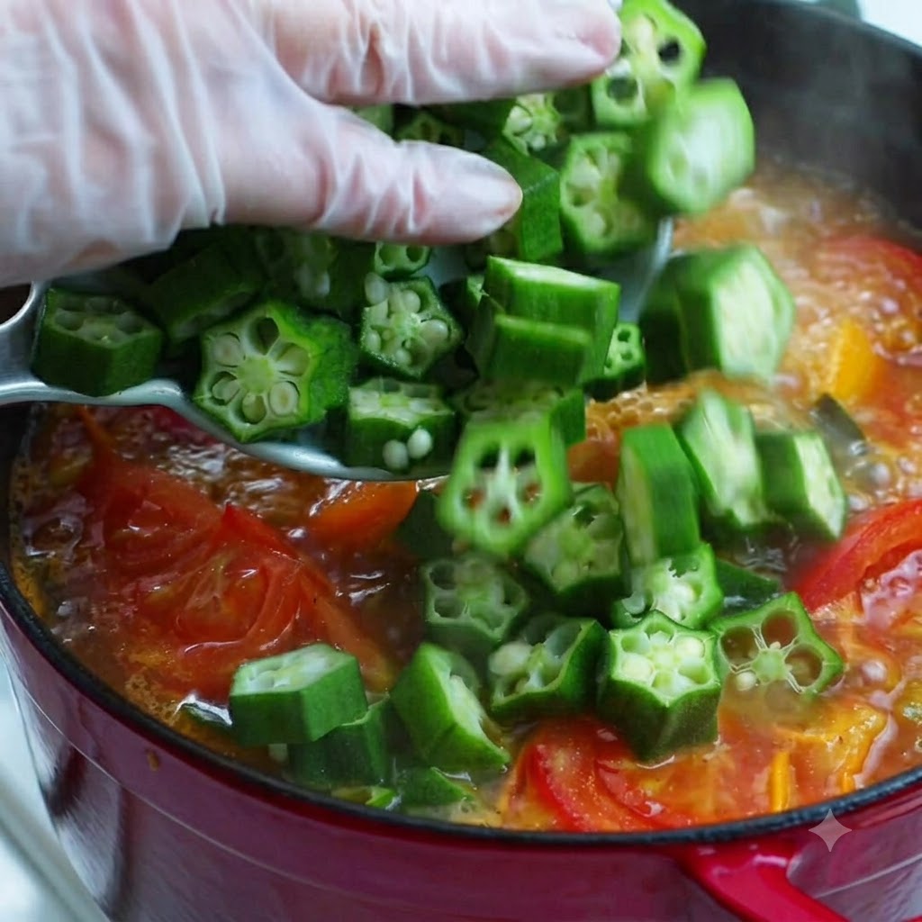Gloved hands adding freshly sliced green okra into a vibrant boiling soup pot with tomatoes.