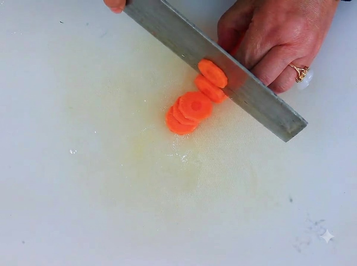 A peeled carrot being sliced into neat round pieces on a white cutting board.
