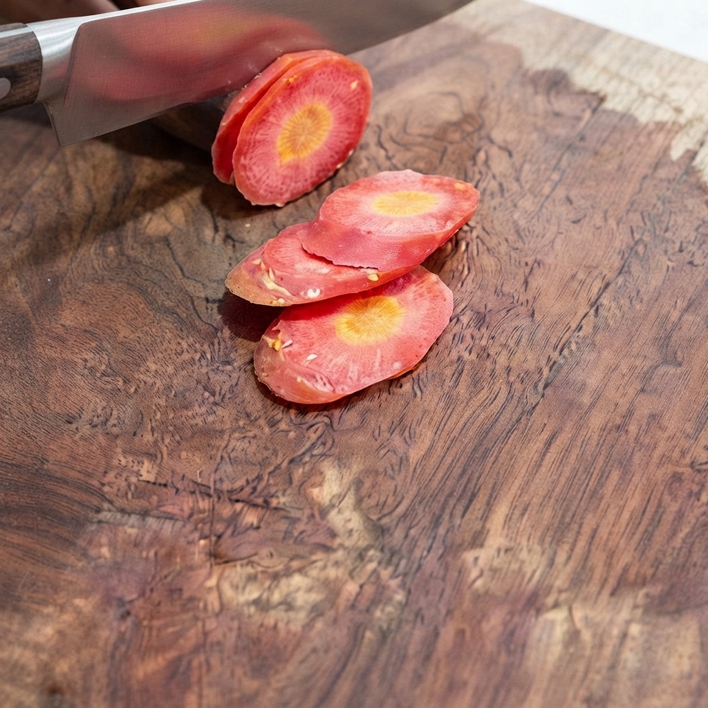 A knife slicing a carrot into round pieces on a wooden cutting board.